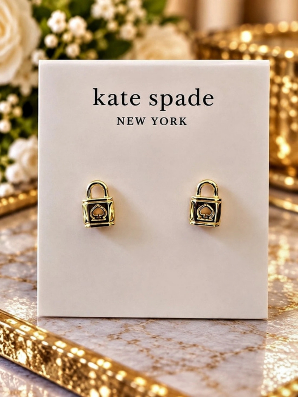 kate spade Lock & Spade Padlock Stud Earrings in Gold W Pink Spade NWT
